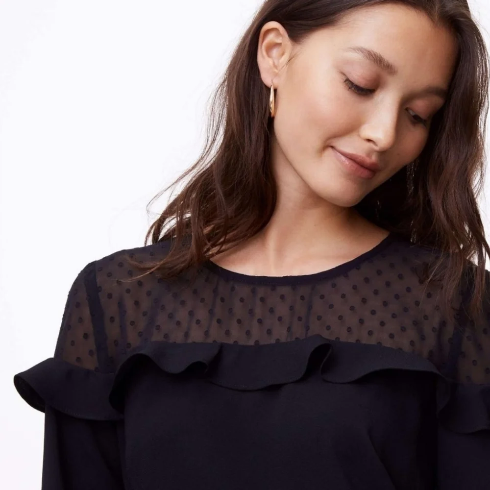 🆕️ 🖤LOFT🖤 - Black L/S Dress w/Sheer Polka Dot Ruffle Detail - Picture 2 of 16